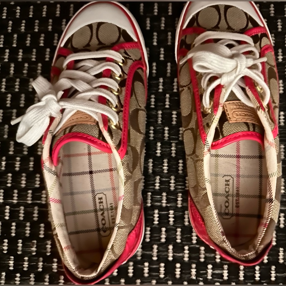 Coach “Barrett” Sneakers Brown Signature Canvas Sneakers with Pink Leather Trim - Picture 4 of 16